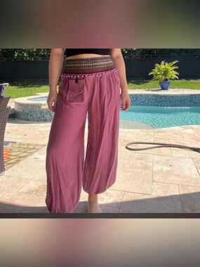 Bohemian Harem wide-Leg Pom-Pom Waist Pants in Dusty Rose